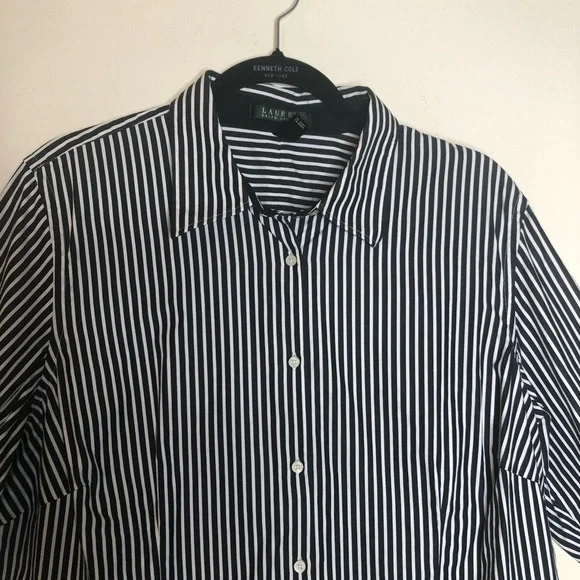 LAUREN RALPH LAUREN Striped Button-Down Shirt Black White 100% Cotton Size: 16 W - Picture 11 of 16